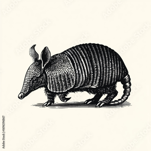 Detailed engraving illustration of an armadillo walking slowly on cream background in vintage style design for wildlife preservation