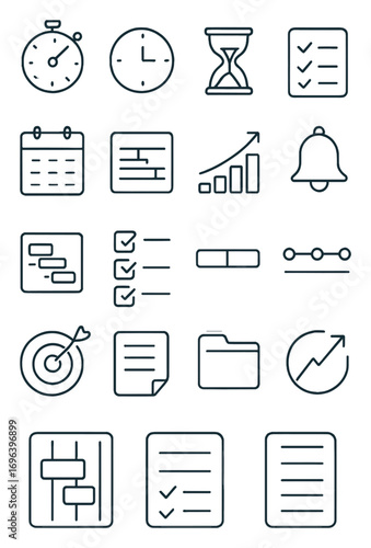 Time Management icons in minimalistic line art style: stopwatch, clock, hourglass, task list, calendar, schedule chart, productivity graph, reminder