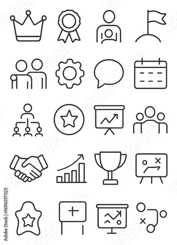 Leadership Development icons in minimalistic line art style: crown, award ribbon, leader icon, goal flag, mentorship icon, gear, communication bubble,