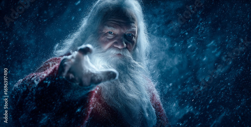 A santa claus figure reaching out in a snowy and dimly lit environment