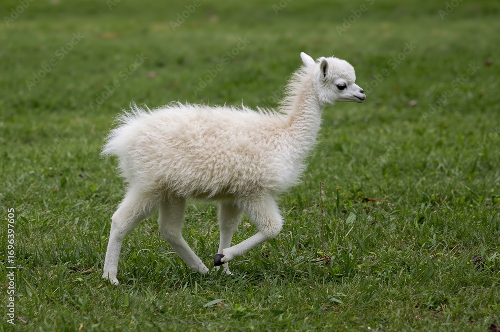Fototapeta premium Young fluffy white guanaco strolling through lush green grass
