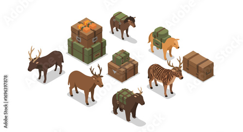 Isometric game assets pack wild animals adventure cargo boxes Expedition Camping RPG Vector Isolated Cartoon Brown Green