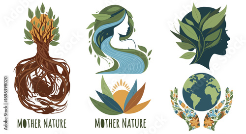 Creative Mother Nature Earth Ecology Conservation Icon Set Graphics Nature Environment Woman Tree Water Globe Hands Sun