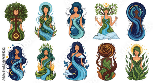 Divine female figures representing various natural elements and forces Earth Water Fire Air Spirit Life Goddesses Harmony Sacred