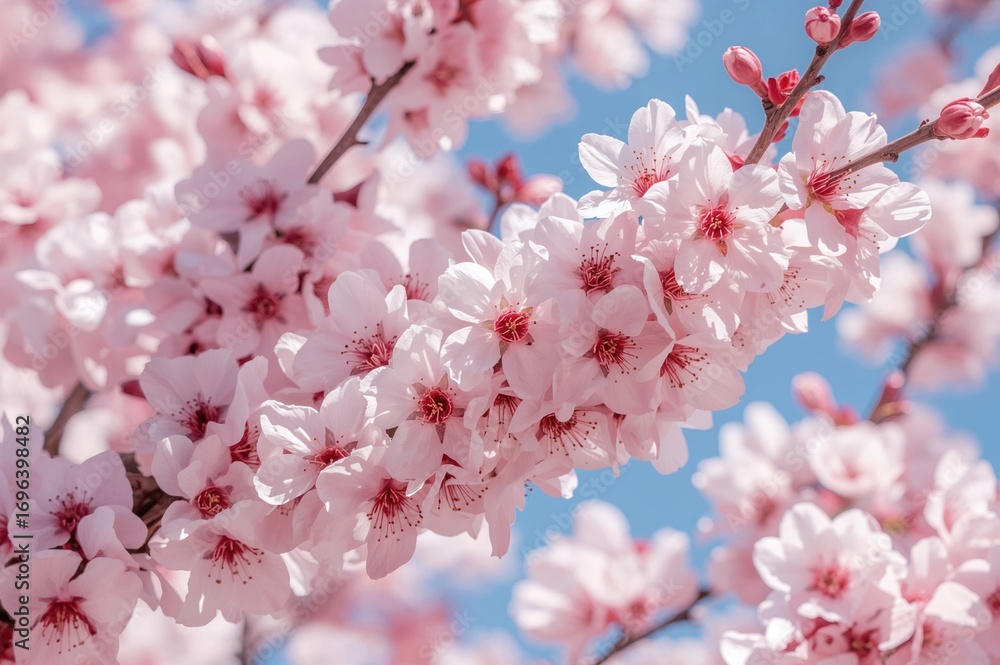 Fototapeta premium Floral-themed congratulatory card with cherry blossom close-up, vibrant spring backdrop
