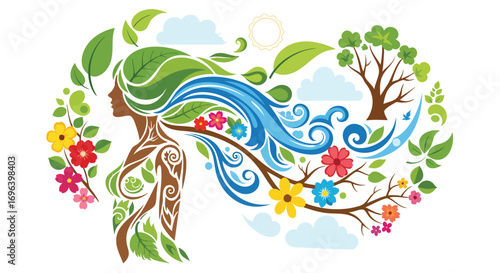 Vibrant Mother Earth goddess illustration showing natural elements ecology environment growth spring life leaves water flowers tree vector