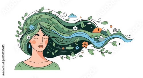 Stylized woman face with nature inspired flowing hair nature earth environment green river vector