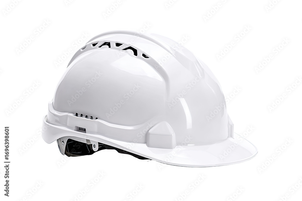 Fototapeta premium White safety hard hat, angled view. Glossy finish