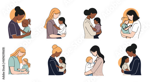 Diverse mothers tenderly embracing their children showing love care family minimalist parenting illustration