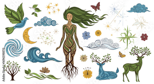 Mystical hand drawn nature elements spirit goddess illustration earth animals celestial organic fantasy green blue