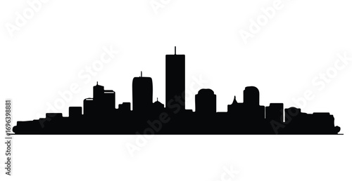 City skyline silhouette featuring modern skyscrapers and urban architecture in a black and white illustration