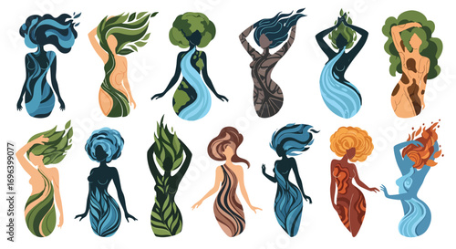 Stylized women embodying Earth Water Fire Wind nature vector Goddess Divine Feminine Organic Ecology Environment Global Planet