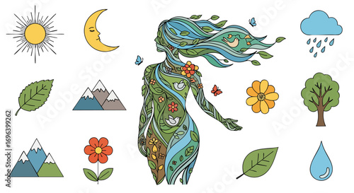 Mother Earth woman surrounded by essential nature icons hand drawn doodle ecology environment green blue