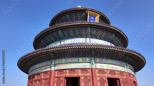 Circular view of the top of the Temple of Heaven in Beijing, China, highlighting the architectural details and colorful roof design of the historic landmark. Beijing, China - 11/20/2024