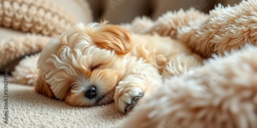 Fluffy maltipoo puppy naps peacefully on a plush sofa, relaxed, soft
