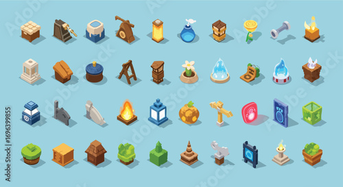 Isometric game elements collection assets vector illustration pack design resource Mobile RPG Fantasy Crafting Building Props UI Icons