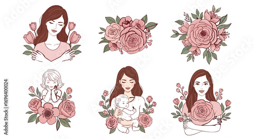 Beautiful women mothers children floral illustrations bundle love care femininity nature spring bloom pink elegant