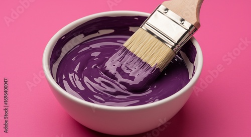 紫色の絵の具と筆　ピンク背景