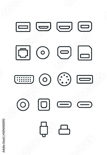 Computer Ports and Connectors icons in minimalistic line art style: USB port, HDMI port, DisplayPort, VGA port, RJ45 port, audio jack, Thunderbolt
