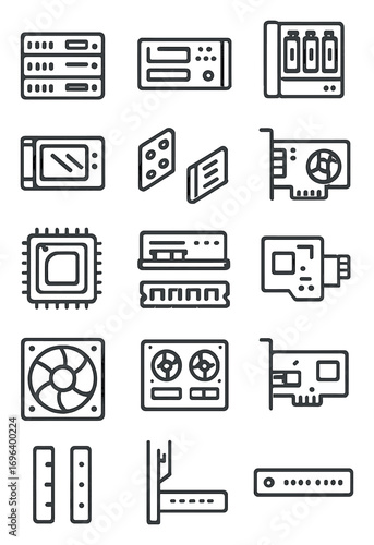Server Components icons in minimalistic line art style: rack server, blade server, storage server, PSU for server, hot-swap drive, rack mount kit, KVM