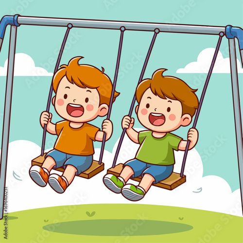 Cartoon illustration of a boy playing on a swing