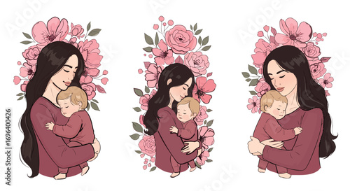 Sweet young mother embracing baby delicate floral design Maternity Love Newborn Gentle Pink Flowers Isolated Vector Art