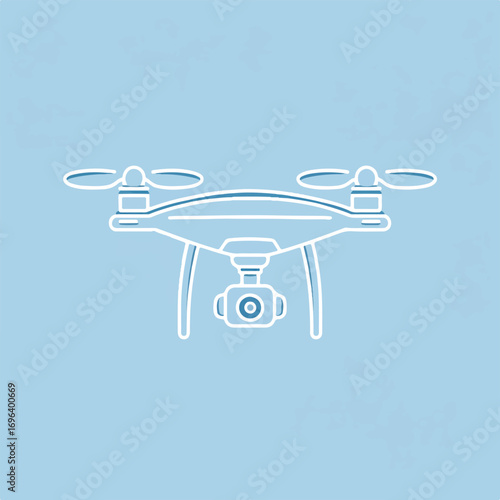 Drone outline illustration with camera mounted on light blue background showcasing aerial technology capabilities