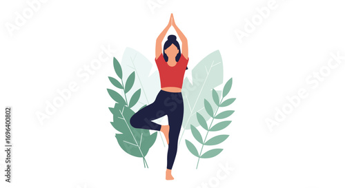 Serene woman practicing Tree Pose yoga amidst lush greenery for ultimate wellness and calm