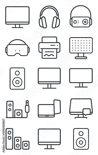 Output Devices icons in minimalistic line art style: LCD monitor, speaker, headphones, projector, VR headset, thermal printer, plotter, LED display,