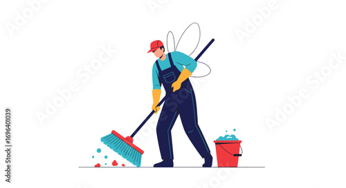Efficient cleaner swiftly sweeps away debris with sparkling results and bubbly bucket nearby
