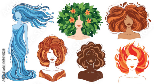 Stylized women embodying natural elements beauty diversity collection vector art nature goddess power