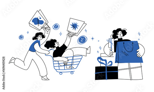 Engaging and Creative Shopping Experience Illustration Featuring Various Gift Themes and Ideas