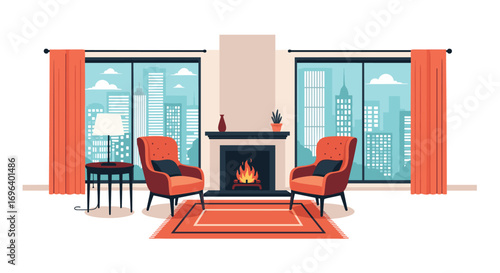 Cozy modern living room with fireplace and city skyline view, inviting relaxation