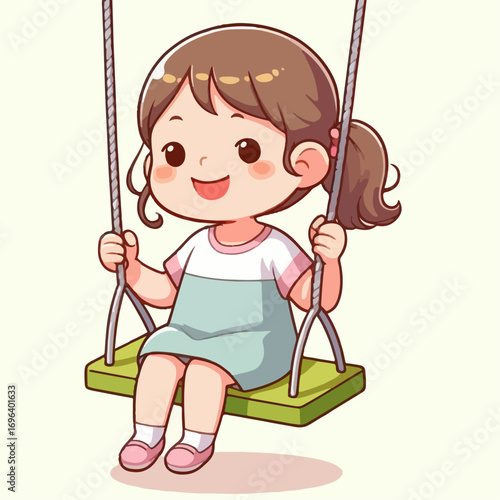 Cartoon illustration of a girl playing on a swing