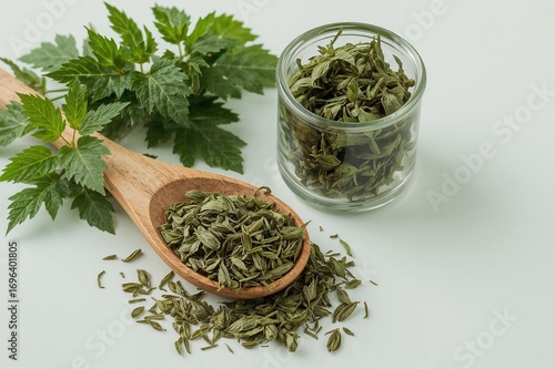 Wallpaper Mural Dried nettle leaves for herbal remedies with a wooden spoon and glass container on a bright surface Torontodigital.ca