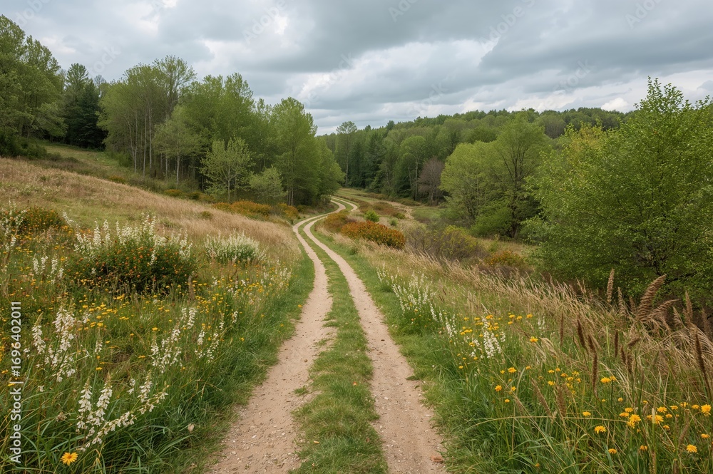 Summer hike along a path surrounded by trees, grass, and bushes under cloudy skies in a natural reserve Summer hike along a path surrounded by trees, grass, and bushes under cloudy skies in a natural reserve