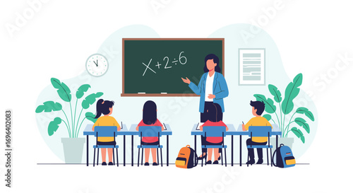 Engaging teacher guides young students through math lesson in bright, modern classroom setting