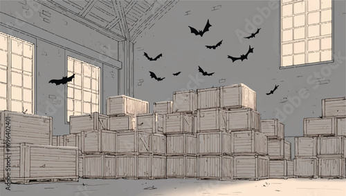 Eerie warehouse scene with wooden crates and bats flying around for a spooky concept