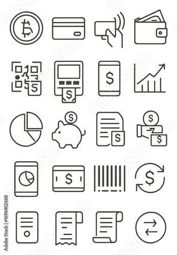 Trendy Digital Finance icons in minimalistic line art style: crypto coin, credit card, contactless payment, wallet, QR payment, ATM machine, mobile