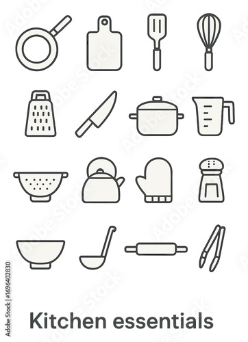 Trendy Kitchen Essentials icons in minimalistic line art style: frying pan, cutting board, spatula, whisk, grater, kitchen knife, pot, measuring cup,