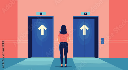 Woman faces choice between two elevator doors symbolizing decision making and opportunity