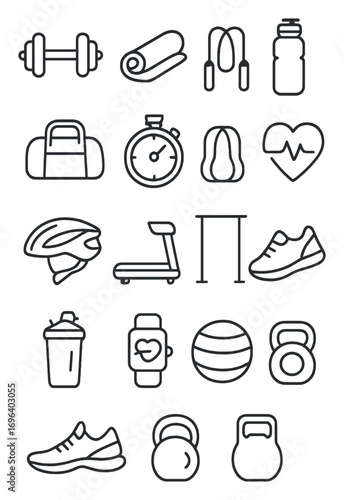 Trendy Fitness Gear icons in minimalistic line art style: dumbbell, yoga mat, jump rope, water bottle, gym bag, stopwatch, resistance band, heart rate