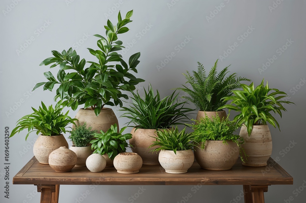 Fototapeta premium Assorted potted indoor plants displayed on a large table against a pale gray backdrop