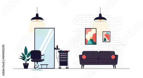 Modern salon interior with styling chair, mirror, trolley, and waiting area couch
