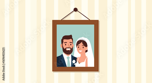 Joyful wedding portrait of a smiling couple in a framed picture on a striped wall.
