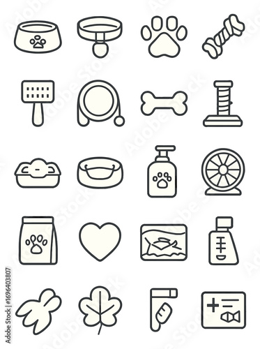 Trendy Pet Care icons in minimalistic line art style: dog bowl, collar, paw print, chew toy, grooming brush, leash, bone, scratching post, cat litter