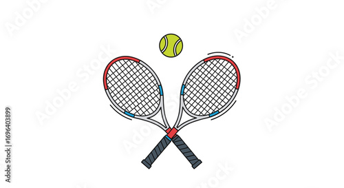 Dynamic tennis racquets crossed with a vibrant ball ready for exciting game play action