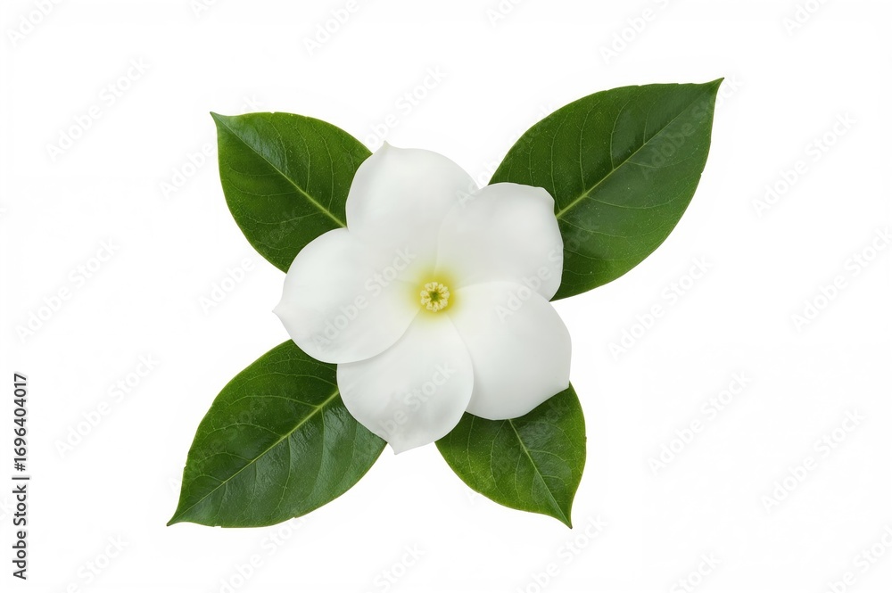 Obraz premium Fragrant Gardenia jasminoides blossoms and foliage set against a white background