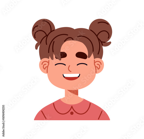 Avatar of happy little girl. Portrait of laughing kid. Child with positive emotion, facial expression has fun, giggles. Person with smile on face. Flat isolated vector illustration on white background
