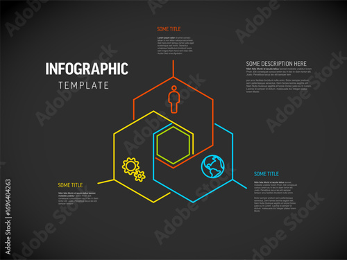 A minimalist infographic template with colorful hexagonal outlines and icons like a person, gears, and a globe, ideal for modern data visualization and presenting an infographic template.